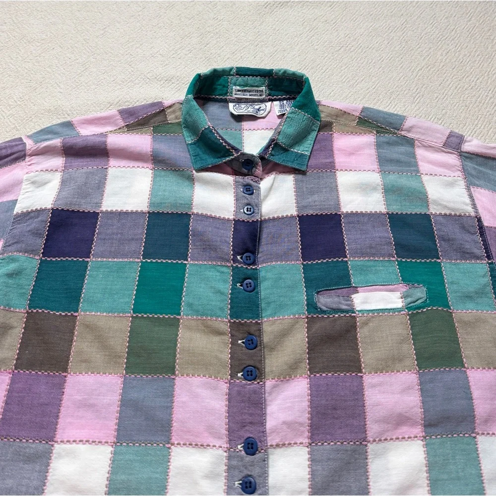 VTG 90s Pastel Patchwork Plaid Stitched Button Down Shirt L Cottage Core - Picture 5 of 7